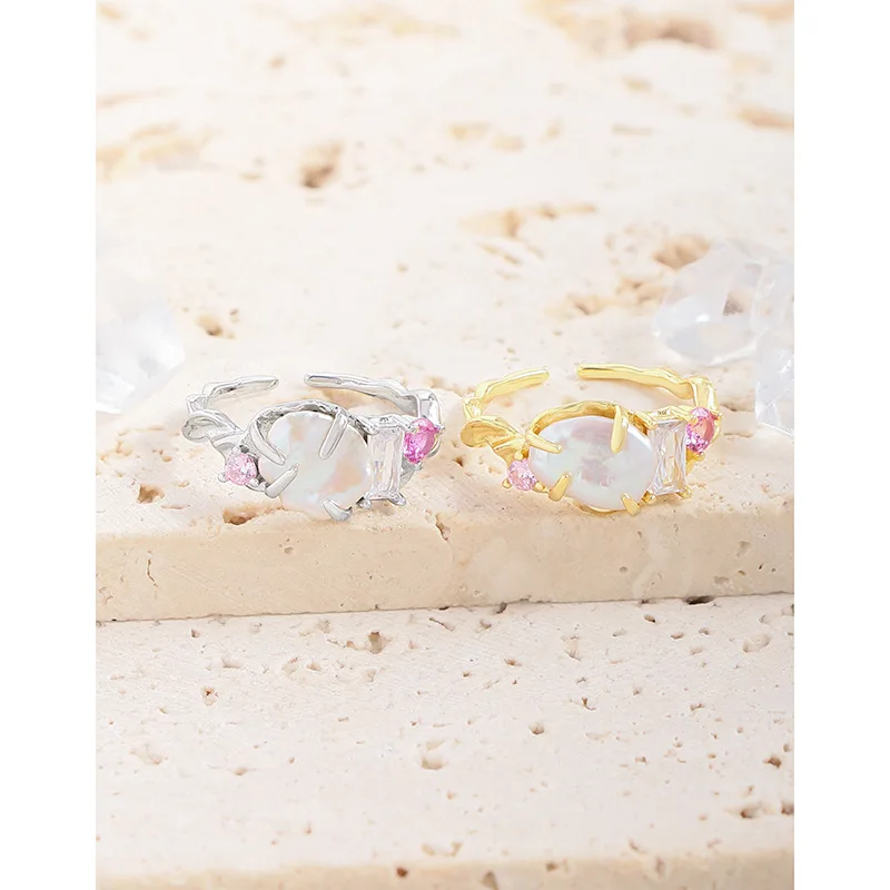 F.I.N.S Original Design S925 Sterling Silver Baroque Natural Freshwater Pearl Ring Irregular Open Adjustable Zirconia Fine Jewel - Image 2