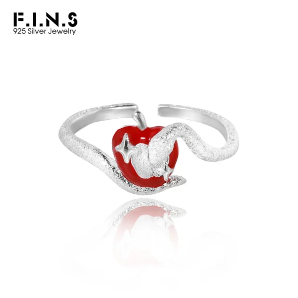 F.I.N.S Original S925 Sterling Silver Red Apple Snake Ring Cute Sweet Glitter Star Brushed Open Adjustable Finger Fine Jewelry