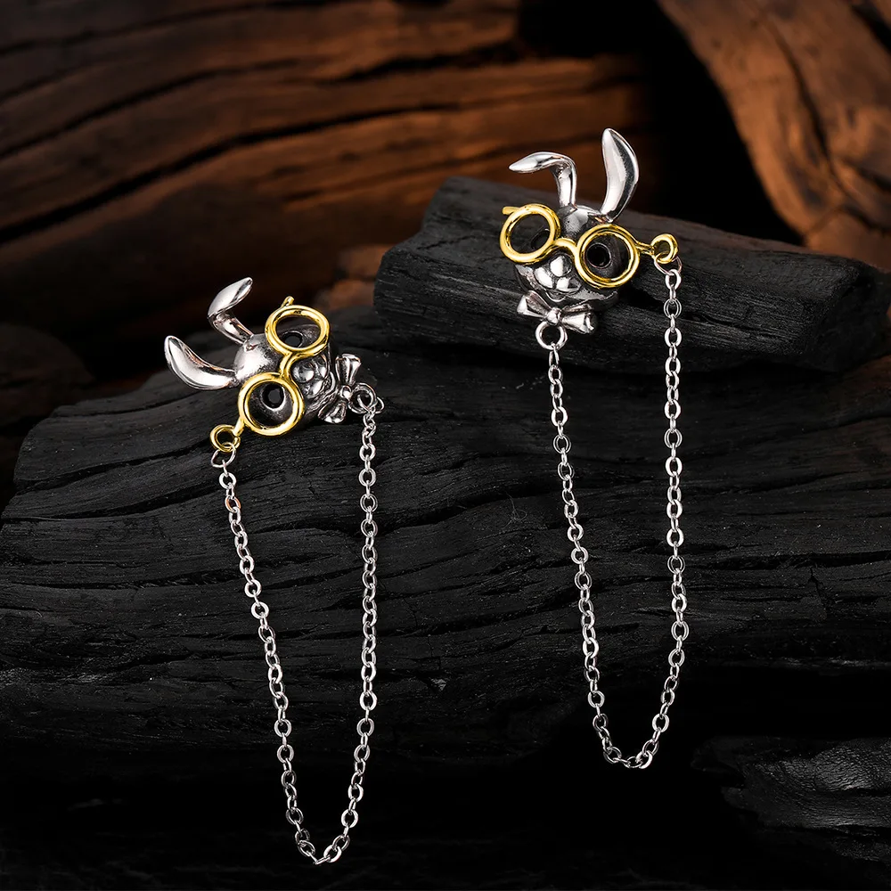F.I.N.S S925 Sterling Silver Glasses Rabbit Earrings Retro Old Thai Silver Hanging Chain Piercing Ear Fine Jewelry Accessories - Image 4