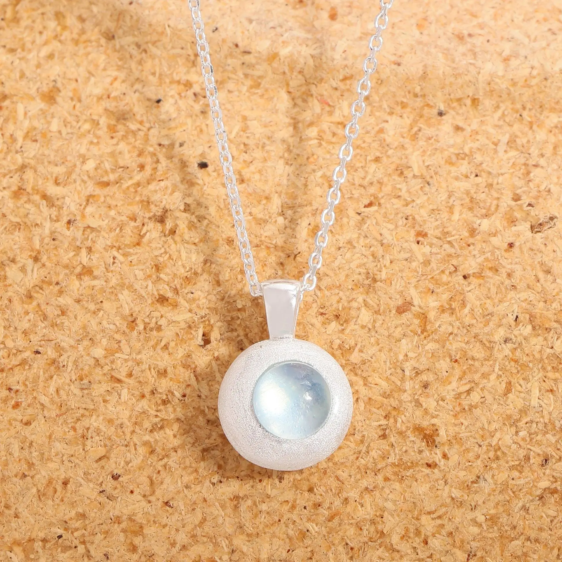 Natural Aquamarine Pendant Necklace S925 Sterling Silver Brushed Matte Finish Korean INS Style Dainty Choker for Women - Image 3