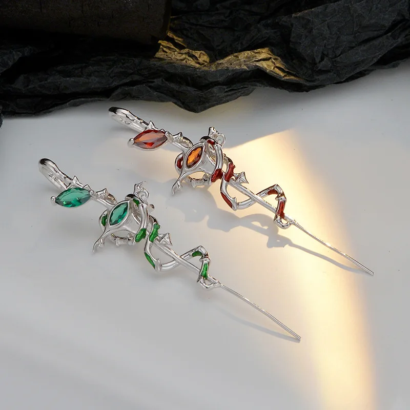 F.I.N.S S925 Sterling Silver Slender Viper Piercing Stud Earrings Women Retro Old Red Zircon Snake Hanging Ear Fine Jewelry Gift - Image 2