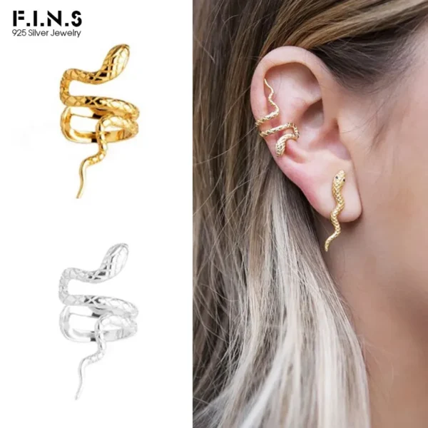 F.I.N.S Stack Creative Snake 925 Sterling Silver Clip on Earrings for Women Gothic Earrings without Hole Fake Piercing Ear Cuff