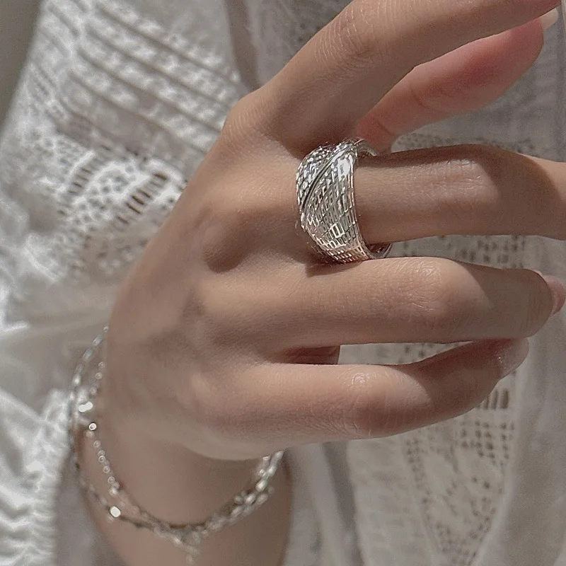 S925 Silver 3D Minimalist Ring Korean Vintage Style Textured Geometric Dainty Wholesale Jewelry for Women - Image 2