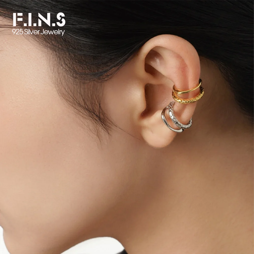 F.I.N.S 1PC Chinese Style S925 Sterling Silver Double Layer Ear Clips Without Holes Texture Glossy Catilage Earring Fine Jewelry