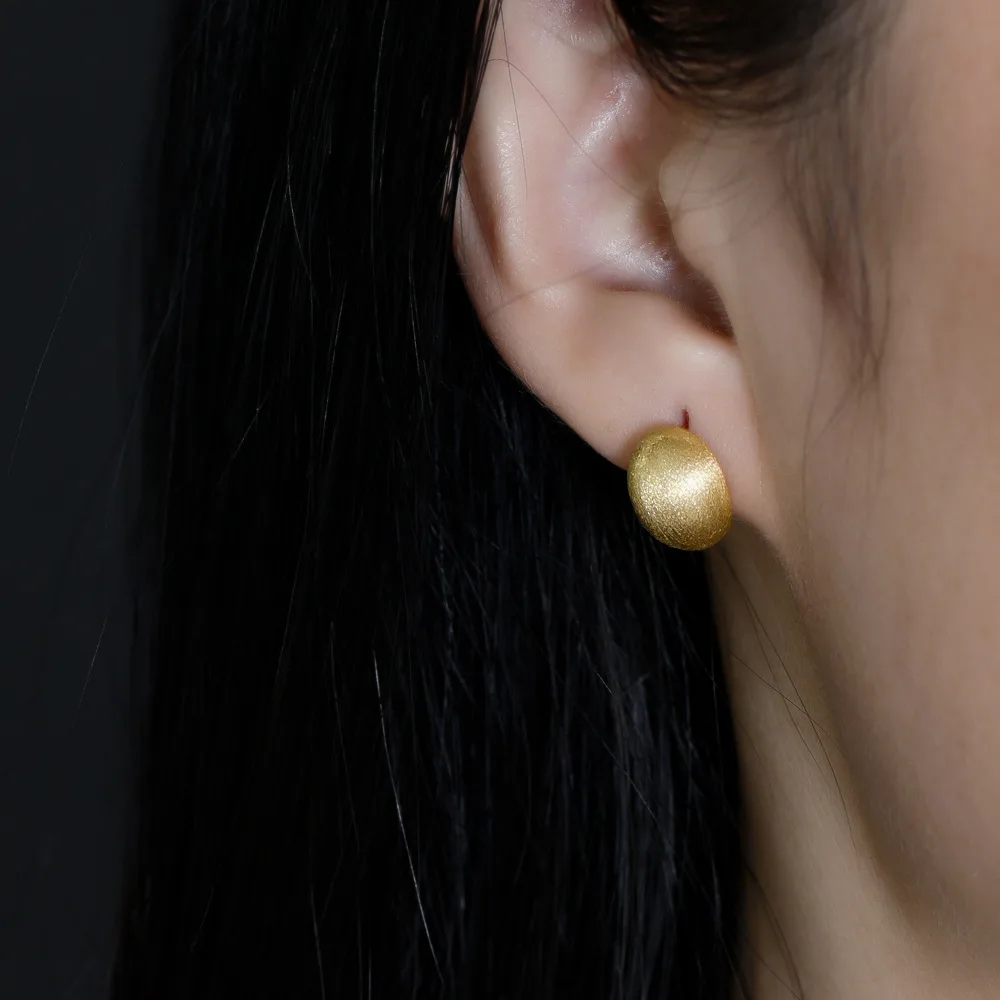 F.I.N.S Brushed Pure S925 Sterling Silver Gold Stud Earrings For Women Egg-Shaped Geometry Piercing Minimalist Ear Fine Jewelry - Image 2