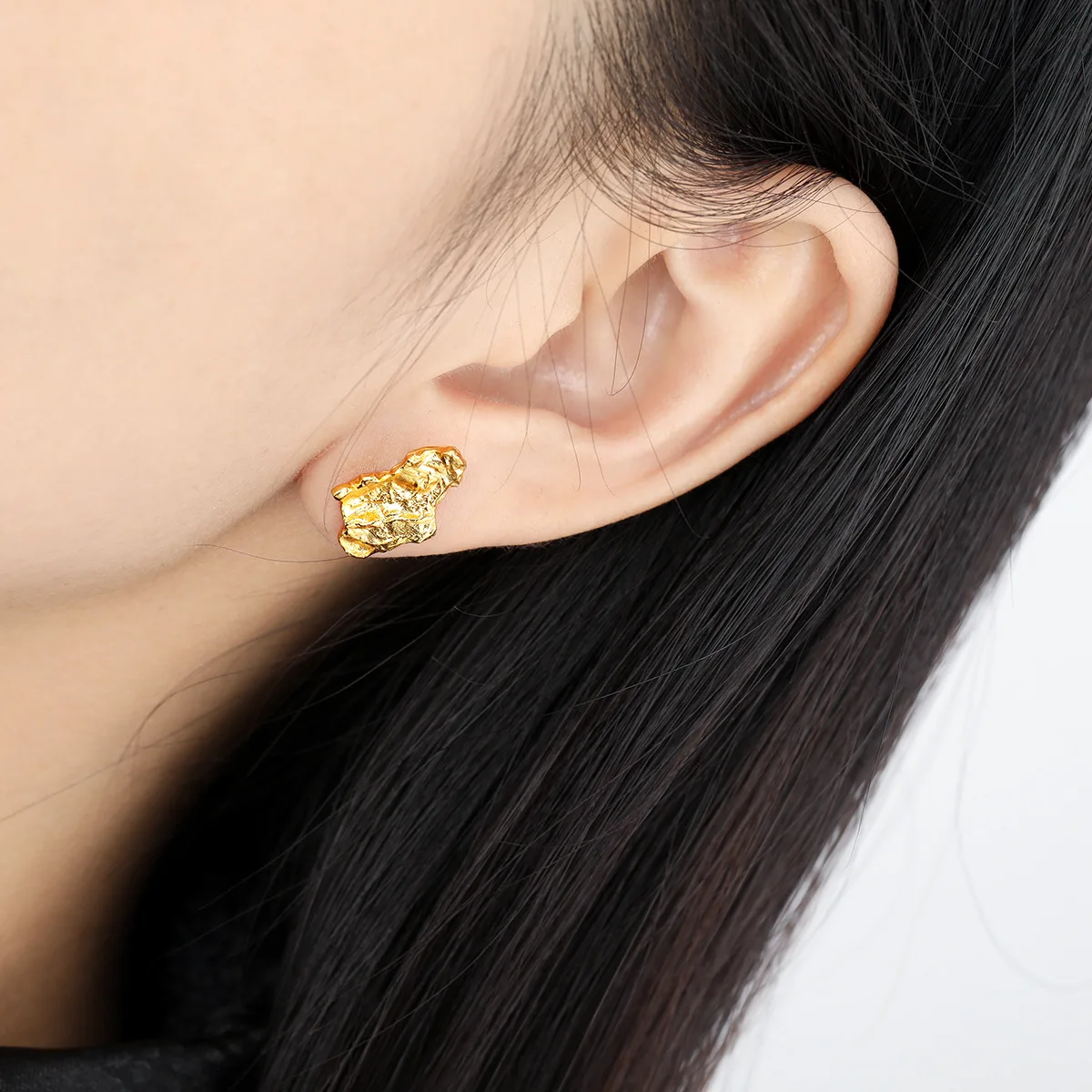 F.I.N.S Texture Asymmetric S925 Sterling Silver Gold Stud Earrings Irregular Uneven Piercing Ear Fine Jewelry Women Accessories - Image 4