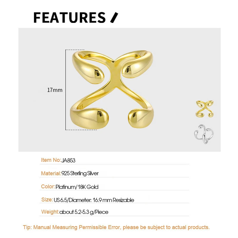 F.I.N.S Minimalist Geometric X Cross S925 Sterling Silver Rings Open Adjustable Double Layer Smooth Finger Fashion Fine Jewelry - Image 5