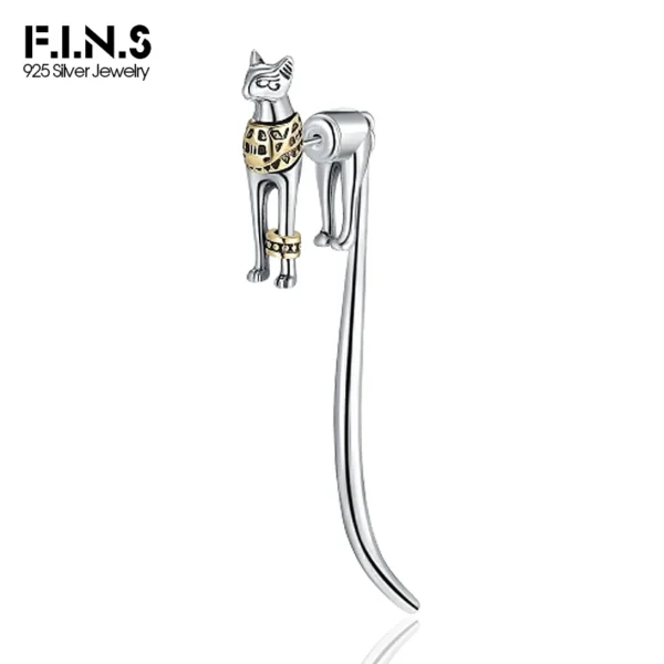 F.I.N.S 1 Piece S925 Sterling Silver Gold Pharaoh Cat Stud Earrings Retro Old Long Tail Front and Back Piercing Ear Fine Jewels