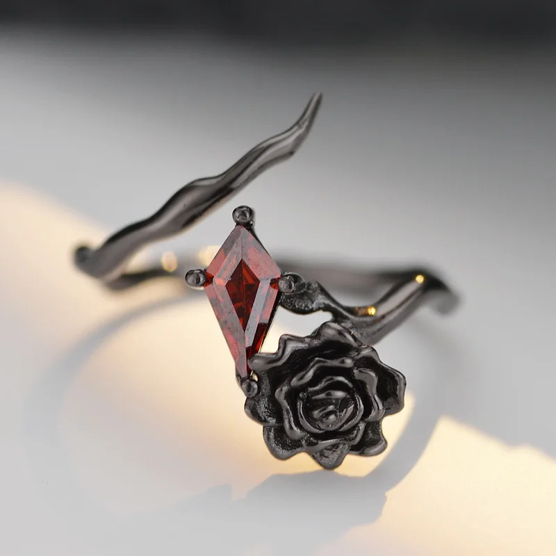 F.I.N.S Pure S925 Sterling Silver Black Rose Ring Women Retro Old Red Zircon Adjustable Index Finger Fine Jewelry Accessories - Image 2