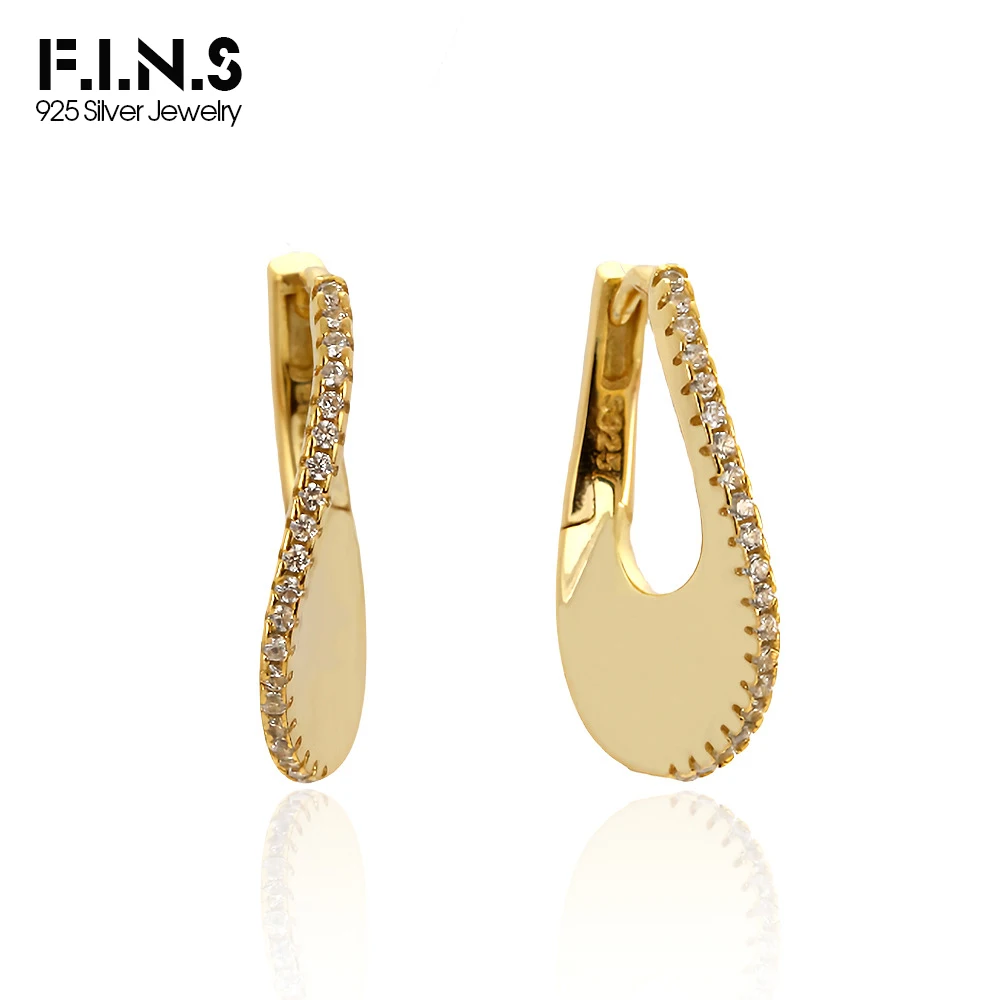 F.I.N.S Original S925 Sterling Silver Row Zirconia U-Shaped Hoop Earrings Geometric Curve Smooth Piercing Ear Buckles Fine Jewel