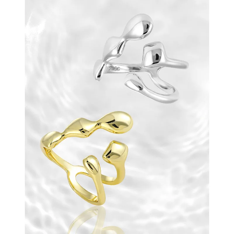 F.I.N.S Irregular Glossy Real S925 Sterling Silver Gold Plain Open Rings Adjustable Wide Finger Minimalist Party Fine Jewelry - Image 2