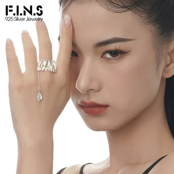 F.I.N.S Original Designer Casual S925 Sterling Silver Leaves Tassel Rings Adjustable Chain Mid Finger Fine Jewelry Accessories