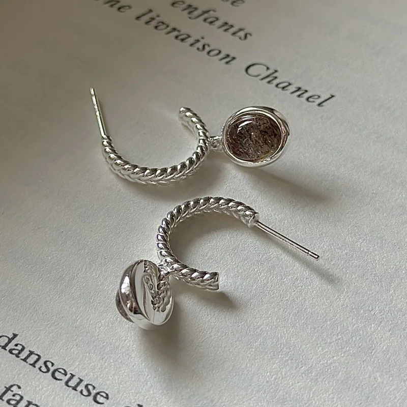 S925 Silver Rutile Quartz Earrings Korean Autumn Winter Style Textured Minimalist Dainty Wholesale Jewelry for Women - Image 4