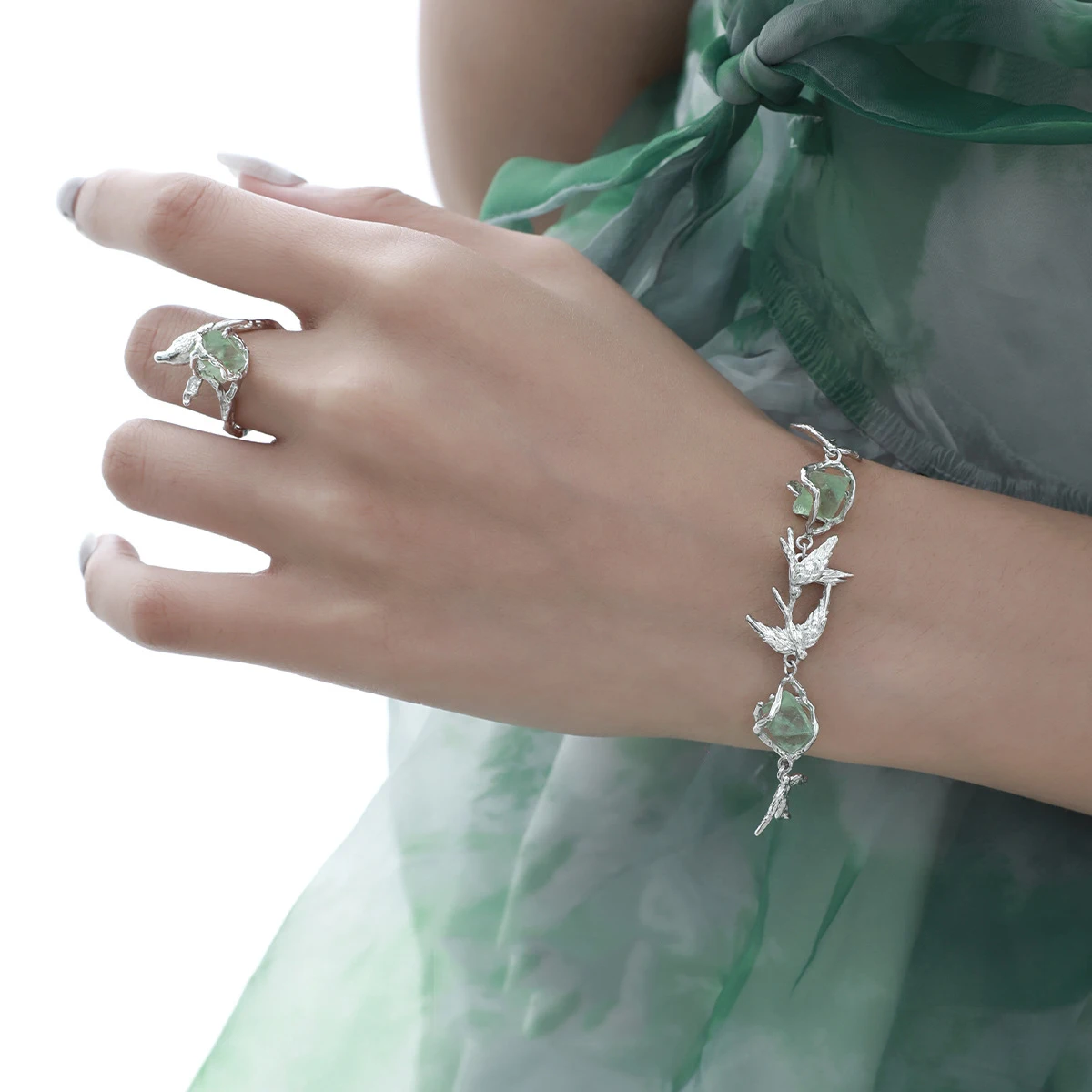F.I.N.S Bird Fluorite S925 Sterling Silver Ring Irregular Green Stone Open Adjustable Mid Finger Fashion Fine Jewelry Gifts - Image 5