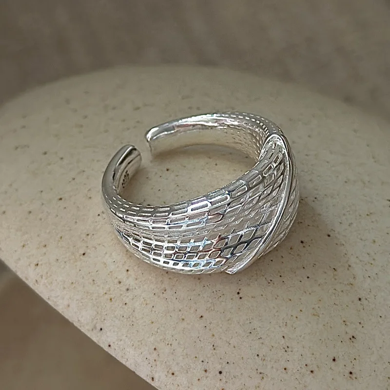 S925 Silver 3D Minimalist Ring Korean Vintage Style Textured Geometric Dainty Wholesale Jewelry for Women