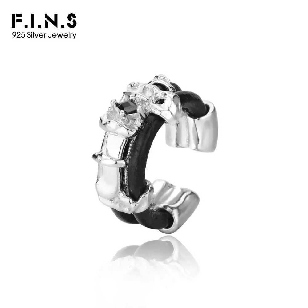 F.I.N.S 1PC S925 Sterling Silver Leather Clip Earring without Piercing Textured Handmade Wide Zircon Catilage Earcuff Fine Jewel