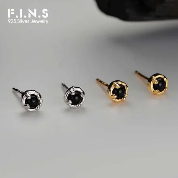 F.I.N.S Korean Simple Solid S925 Sterling Silver Gold Black Agate Earrings Women Small Geometric Round Piercing Ear Studs Jewels