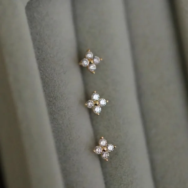 S925 Silver 14K Gold Plated Four Petal Flower Zircon Earrings Dainty Floral Studs Minimalist Everyday Jewelry Gift for Women