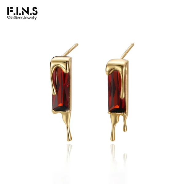 F.I.N.S 925 Sterling Silver Lava Red Cubic Zirconia Earrings Retro Style Geometric Square Piercing Ear Studs Fine Jewelry Gifts