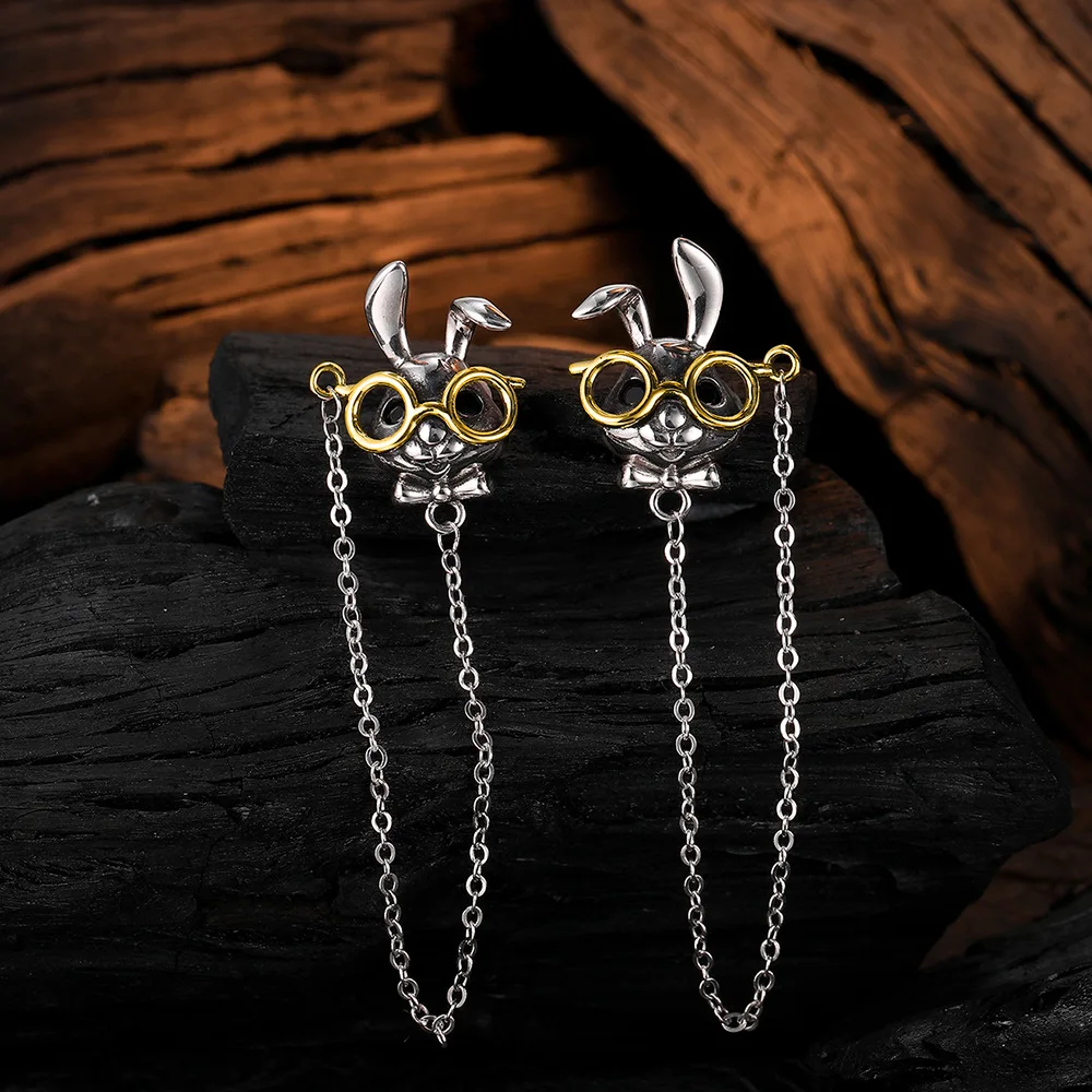 F.I.N.S S925 Sterling Silver Glasses Rabbit Earrings Retro Old Thai Silver Hanging Chain Piercing Ear Fine Jewelry Accessories - Image 3