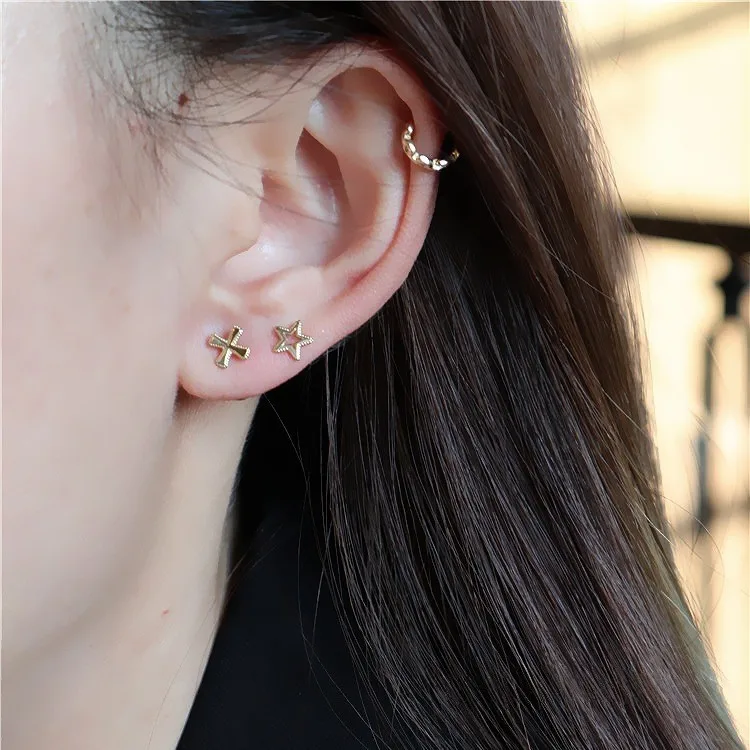S925 Silver 14K Gold Plated Star Cross Asymmetric Earrings Minimalist Engraved Studs Dainty Everyday Jewelry Gift