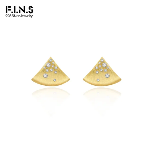 F.I.N.S Minimalist S925 Sterling Silver Triangle Earrings Gold Brushed Cubic Zirconia Fan-Shaped Piercing Ear Studs Fine Jewelry