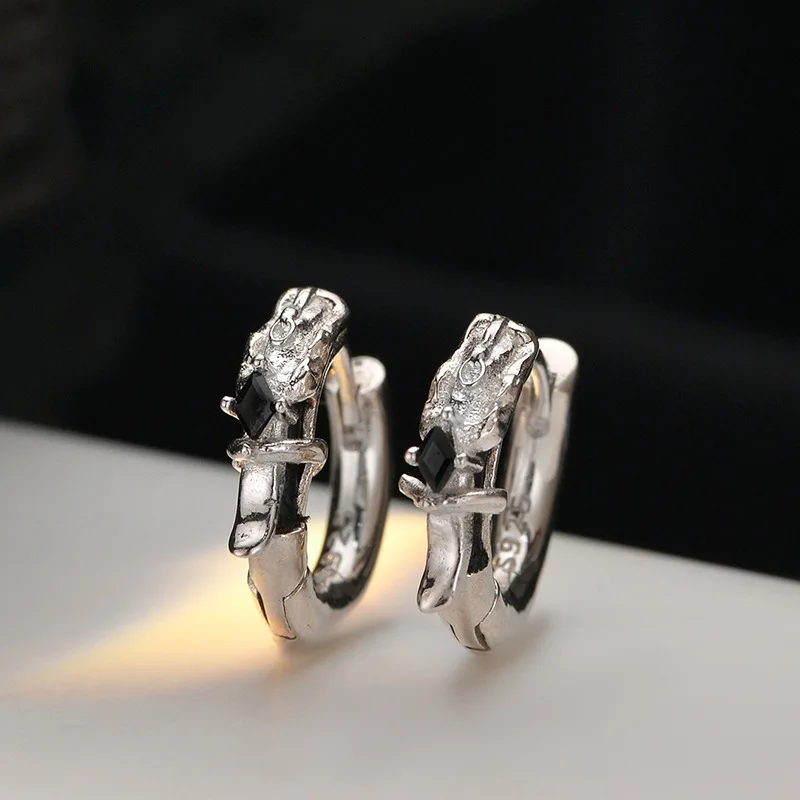 F.I.N.S Original S925 Sterling Silver Leather Rope Round Hoop Earrings Irregular Texture Handmade Ear Buckles Fine Jewelry Gifts - Image 3