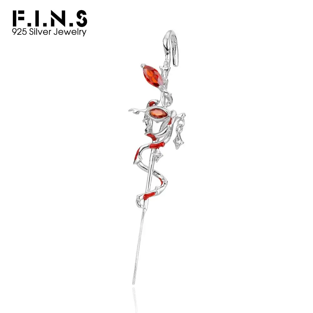 F.I.N.S S925 Sterling Silver Slender Viper Piercing Stud Earrings Women Retro Old Red Zircon Snake Hanging Ear Fine Jewelry Gift