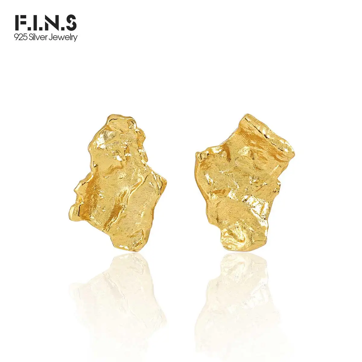 F.I.N.S Texture Asymmetric S925 Sterling Silver Gold Stud Earrings Irregular Uneven Piercing Ear Fine Jewelry Women Accessories