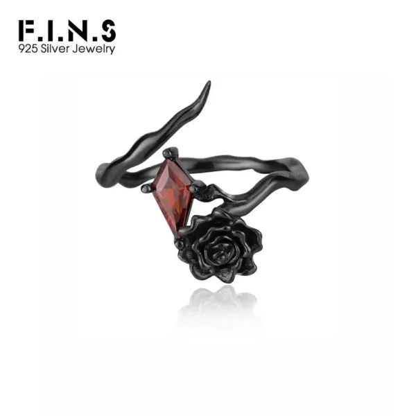 F.I.N.S Pure S925 Sterling Silver Black Rose Ring Women Retro Old Red Zircon Adjustable Index Finger Fine Jewelry Accessories