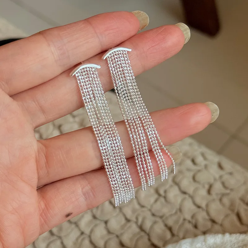 925 Sterling Silver Long Chain Fringe Earrings for Women Minimalist Drop Dangle Ear Studs Trendy Versatile Elegant Pearl Bead