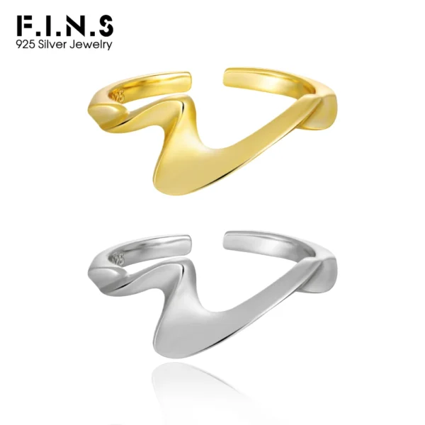 F.I.N.S Irregular Glossy Wave S925 Sterling Silver Ring Women Geometric INS Open Plain Adjustable Index Mid Finger Fine Jewelry