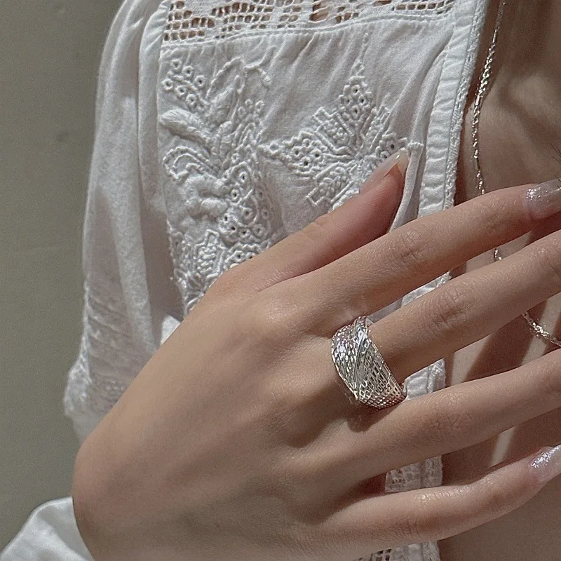 S925 Silver 3D Minimalist Ring Korean Vintage Style Textured Geometric Dainty Wholesale Jewelry for Women - Image 3