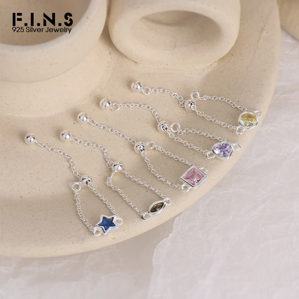 F.I.N.S Original Korean Geometric Colored Zircon Pure S925 Sterling Silver Adjustable Bead Ring Thin Chain Stacked Finger Jewel