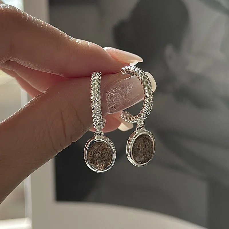 S925 Silver Rutile Quartz Earrings Korean Autumn Winter Style Textured Minimalist Dainty Wholesale Jewelry for Women