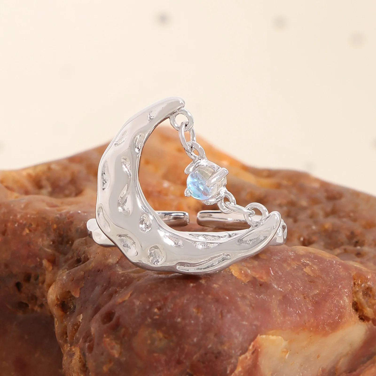F.I.N.S Original Luxury Texture S925 Sterling Silver Moonstone Ring Women Uneven Moon Chain Open Adjustable Finger Fine Jewelry - Image 2
