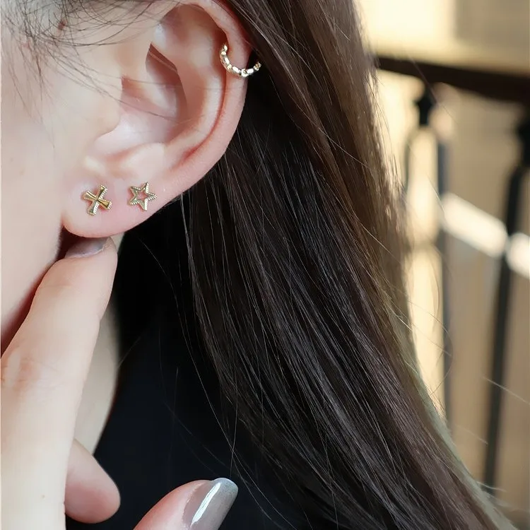S925 Silver 14K Gold Plated Star Cross Asymmetric Earrings Minimalist Engraved Studs Dainty Everyday Jewelry Gift - Image 3