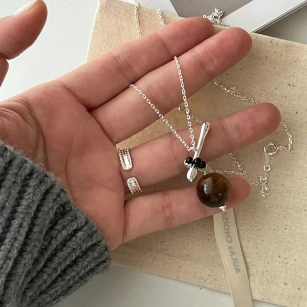 CHOZON S925 Solid Silver Tiger Eye Long Pendant Necklace French Autumn Wholesale Dainty Layering Jewelry for Women