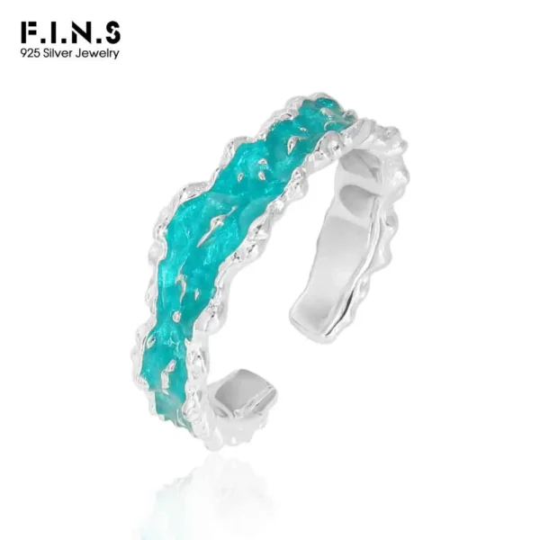 F.I.N.S Original S925 Sterling Silver Ring Irregular Fold Texture Blue Drip Oil Opening Adjustable Finger Jewelry for Women