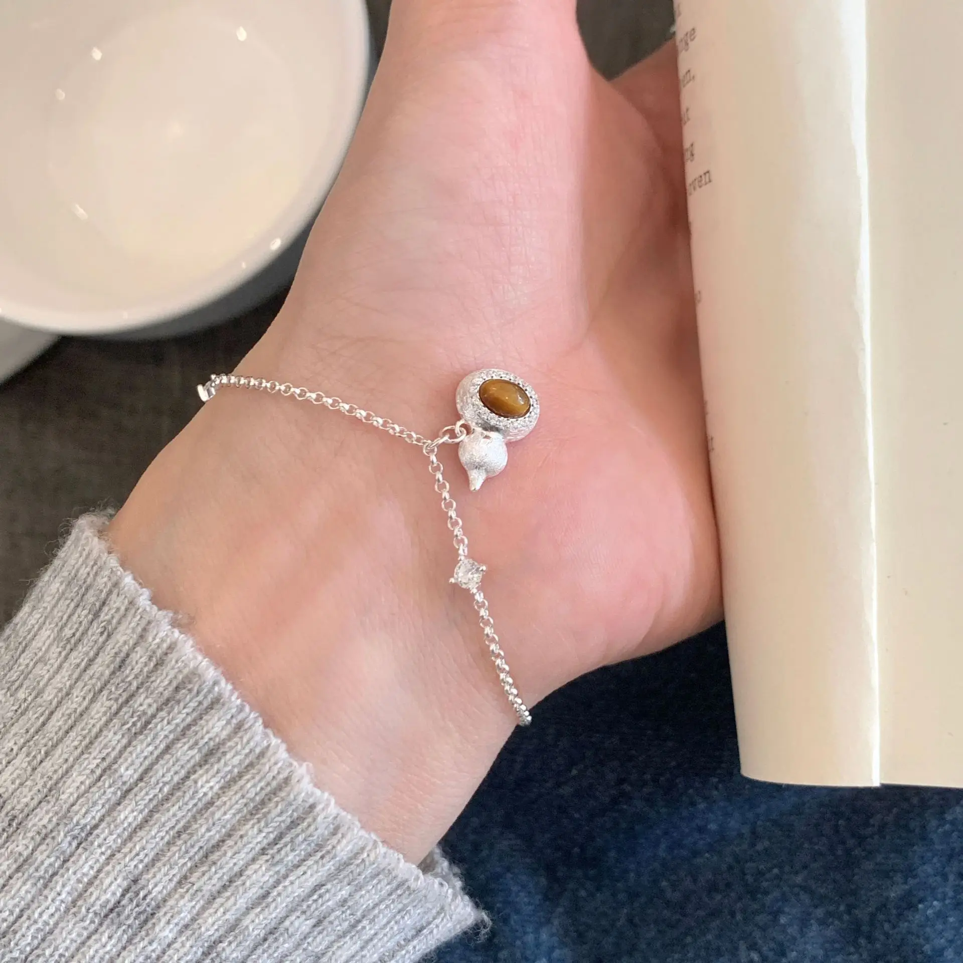 CHOZON S925 Solid Silver Tiger Eye Gourd Bracelet French Oriental Wholesale Dainty Jewelry for Women - Image 3