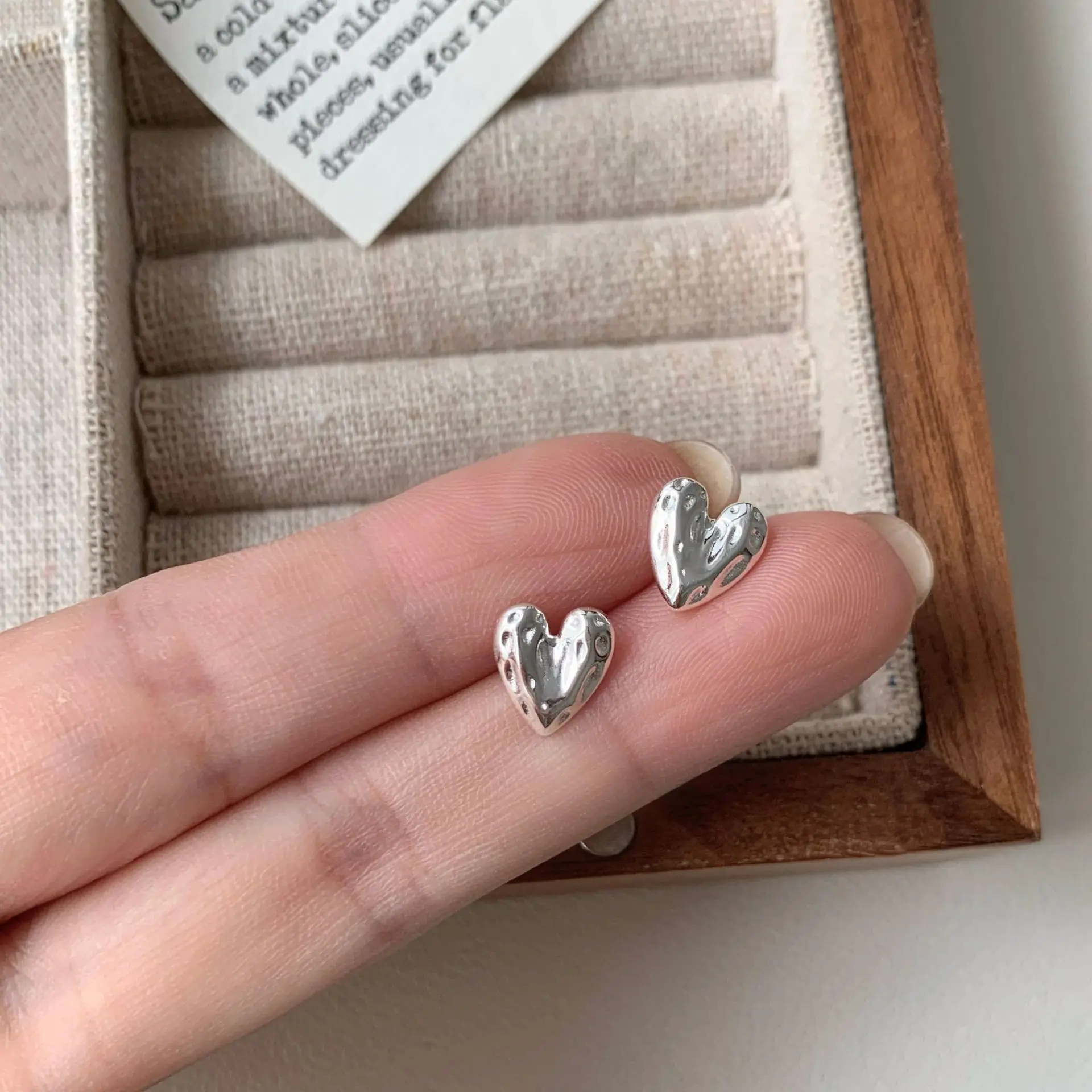 CHOZON S925 Solid Silver Textured Heart Earrings French Organic Wholesale Dainty Jewelry for Women - Image 3