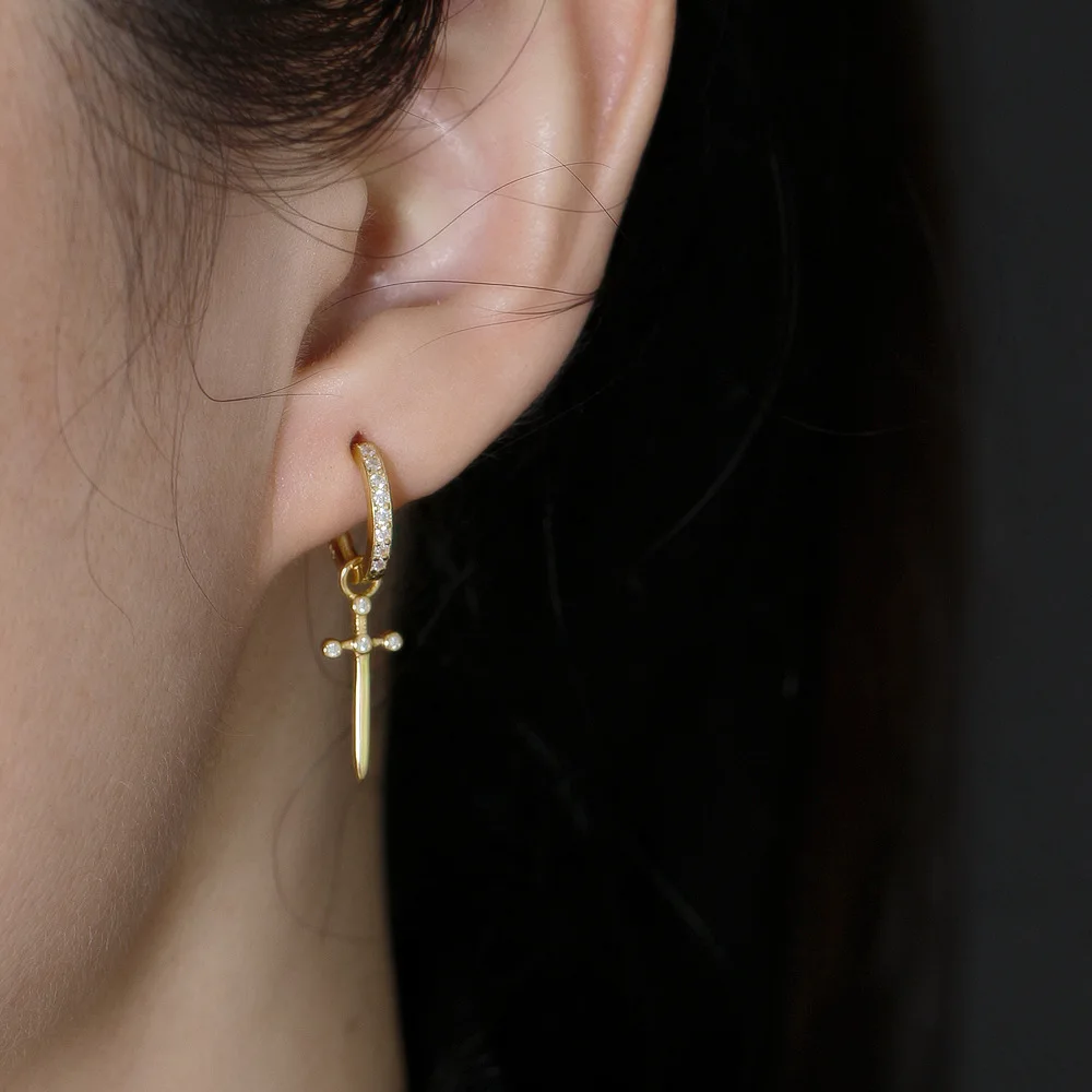 F.I.N.S Original Sword S925 Sterling Silver Hoop Earrings Luxury Cross Pendant Piercing Ear Buckles Huggies For Women Jewelry - Image 2