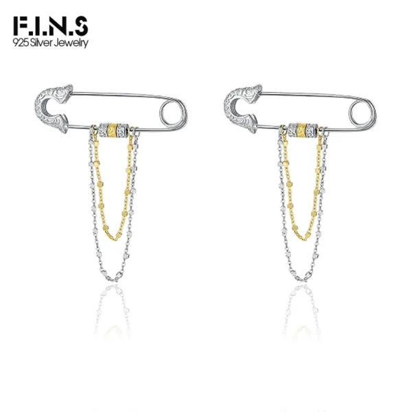 F.I.N.S Original 925 Sterling Silver Tangcao Patterns Safe Pin Drop Earrings Texture Gold Silver Tassel Chain Piercing Ear Jewel