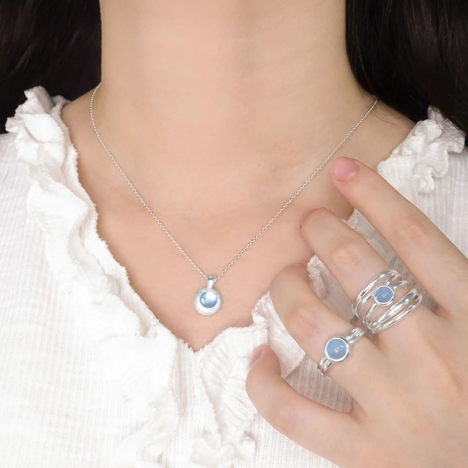 Natural Aquamarine Pendant Necklace S925 Sterling Silver Brushed Matte Finish Korean INS Style Dainty Choker for Women - Image 2