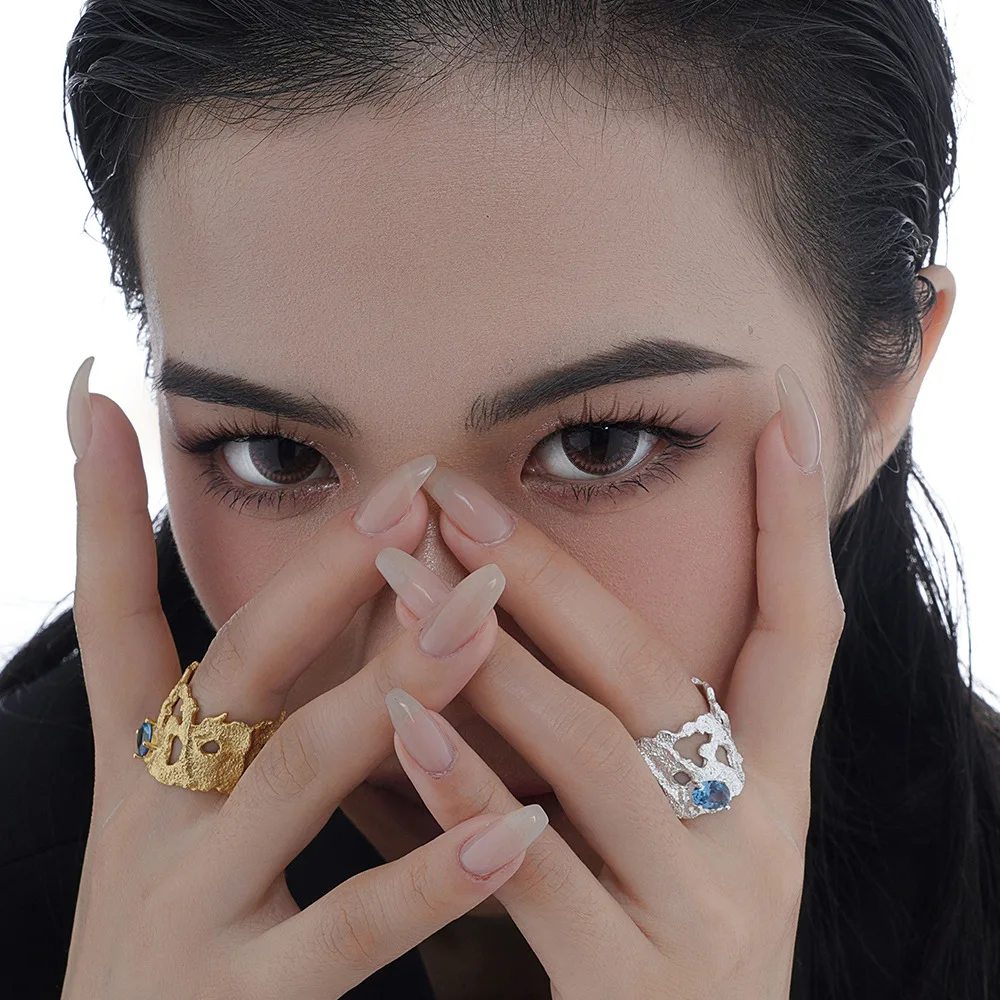 F.I.N.S Luxury S925 Sterling Silver Hollow Texture Ring INS Gem Blue Oval Zircon Wide Index Finger Cuff Ring Solid Silver Jewels - Image 2