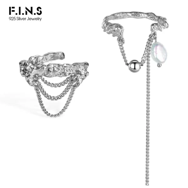 F.I.N.S CUSTOM 925 Sterling Silver Ring Opening Adjustable Chain Tassel Baroque Pearl Punk Rock Index Mid Finger Rings for Women