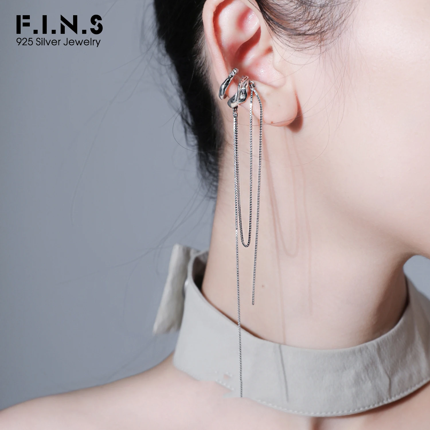 F.I.N.S 1PC Original Tassel Box Chain 100% S925 Sterling Silver Ear Clip Double-Layer Zircon Earrings No Ear Hole Catilage Jewel