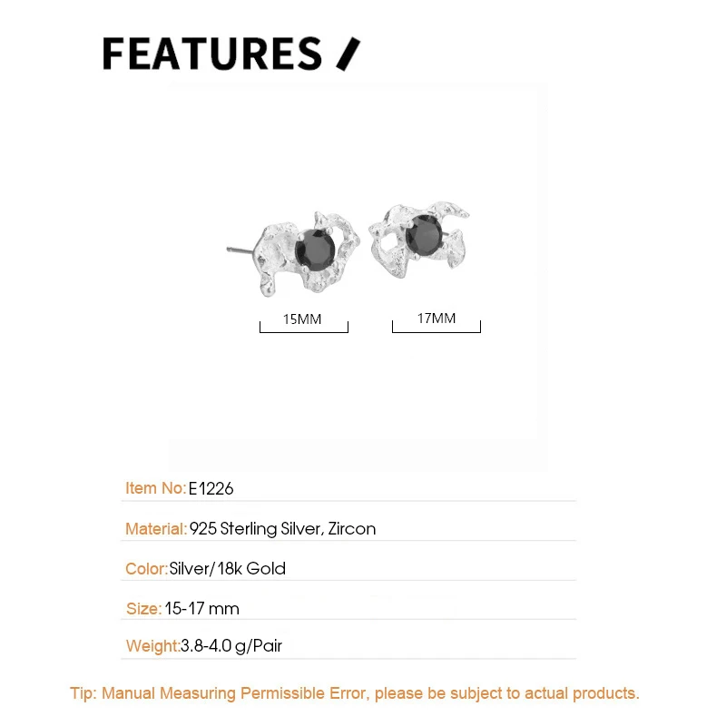 F.I.N.S 925 Sterling Silver Gold Irregular Stud Earrings France Style Wrinkle Solid Silver CZ Black Blue Zircon Ear Fine Jewelry - Image 6