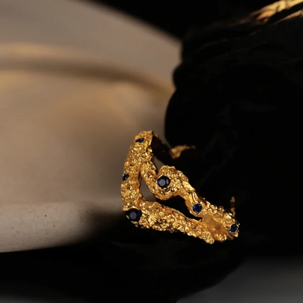 MLKENLY Blue Zircon Inlaid Hollow Burnt Finger Ring 925 Sterling Silver Bump Surface Ring for women Exquisite Jewelry