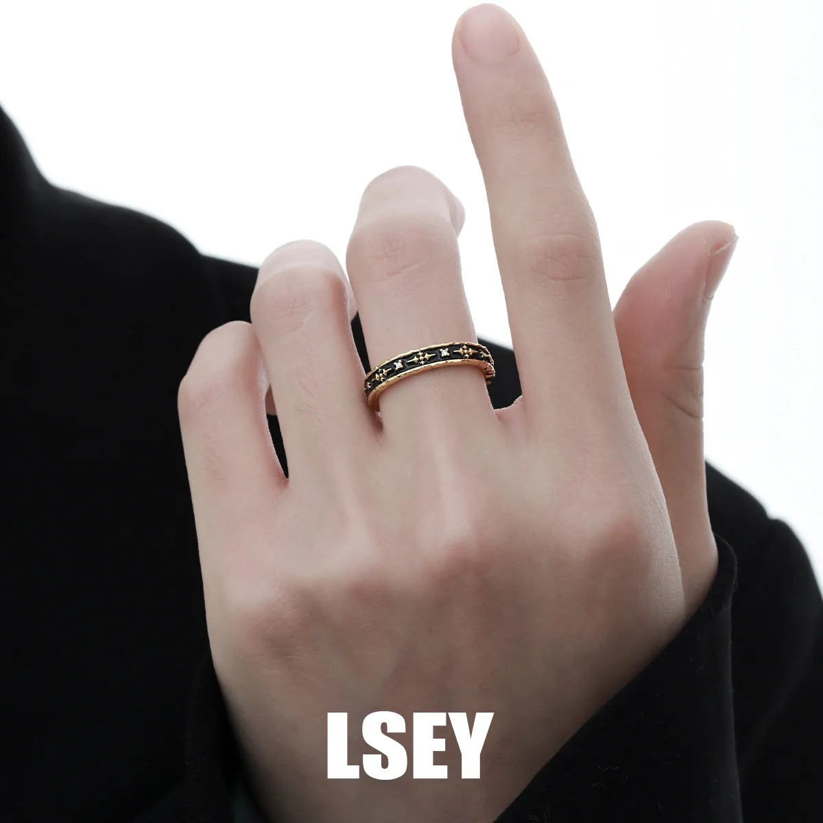 MLKENLY S925 sterling silver Black Gold Star Ring Vintage Punk Temperament Open Irregular Star Ring for Birthday - Image 3